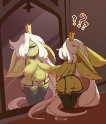Rule 34 | ass, back, belly, black legwear, breasts, choker, cleft of venus, colored skin, crown, earrings, female goblin, garter straps, goblin, gold bracelet, green eyes, green skin, heart, heart necklace, highres, huffslove, jewelry, large areolae, large breasts, long hair, looking at mirror, mirror, necklace, one eye covered, original, regina (huffslove), shortstack, very long hair