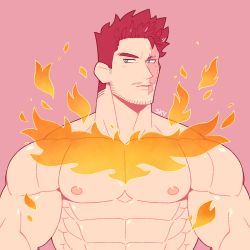 Rule 34 | 1boy, abs, absurdres, bara, beard, blue eyes, boku no hero academia, completely nude, endeavor (boku no hero academia), facial hair, feraltintinsimp, fiery hair, fire, highres, large pectorals, male focus, mature male, muscular, muscular male, nipples, nude, pectorals, pink background, red hair, scar, scar across eye, scar on face, short hair, sideburns, smile, solo, spiked hair, stomach, stubble, upper body