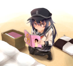 Rule 34 | 10s, 1girl, akatsuki (kancolle), anchor symbol, bad id, bad pixiv id, blush, box, commentary request, flat cap, full-face blush, futon, hat, highres, kantai collection, long hair, nabeo, pantyhose, pillow, pornography, purple eyes, purple hair, school uniform, serafuku, skirt, solo, squatting, text focus, translation request, viewing pornography, wavy mouth, wide-eyed