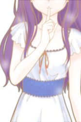 Rule 34 | 1girl, character request, dress, finger to mouth, game cg, head out of frame, long hair, paca plus, pacoproject, purple hair, shushing, simple background, solo, tsukasa rin, white background, white dress