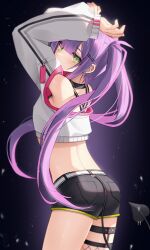 Rule 34 | 1girl, arched back, arms up, barbell piercing, black choker, choker, colored inner hair, commentary request, cowboy shot, crop top, cropped jacket, demon tail, ear piercing, fishnet thighhighs, fishnets, from behind, from side, green eyes, hair ornament, hairclip, highres, hololive, industrial piercing, jacket, legwear garter, long hair, long sleeves, looking at viewer, looking to the side, midriff, multicolored hair, no headwear, off shoulder, piercing, pink hair, purple hair, sidelocks, single legwear garter, single thighhigh, solo, spike piercing, streaked hair, tail, tail ornament, tail piercing, thighhighs, thomas 8000, tokoyami towa, tokoyami towa (1st costume), twintails, twisted torso, virtual youtuber, white jacket
