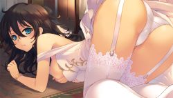 Rule 34 | 1girl, all fours, aqua eyes, aquaplus, ass, bou (inubou), bracelet, breasts, brown hair, covering breasts, covering privates, dress, dungeon travelers 2, garter straps, grisherina efleanor, jewelry, lace, lace-trimmed legwear, lace trim, long hair, looking back, on floor, panties, skirt, solo, thighhighs, top-down bottom-up, underwear, white dress, white panties, white thighhighs