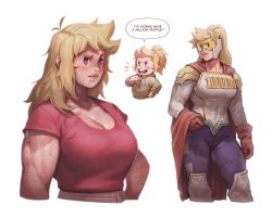 Rule 34 | 1girl, absurdres, age difference, aged down, blonde hair, blue eyes, bodysuit, boku no hero academia, breasts, cape, child, cleavage cutout, clothing cutout, female focus, genderswap, genderswap (mtf), highres, large breasts, long hair, mask, muscular, muscular arms, muscular female, muscular legs, ponytail, rayluaza, red cape, shirt, solo, superhero costume, sweater, thick thighs, thighs, togata mirio, uniform, visor, visor (armor)