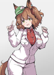 Rule 34 | 1girl, :d, animal ears, aston machan (umamusume), aston martin, baseball cap, breasts, brown hair, commentary, formula one, green eyes, green hat, hair ornament, hair scrunchie, hat, highres, honda, horse ears, horse girl, horse tail, index finger raised, jacket, large breasts, looking at viewer, name connection, open mouth, pants, red jacket, red scrunchie, satomura kyou, scrunchie, side ponytail, simple background, smile, tail, track jacket, umamusume, white background, white jacket, white pants