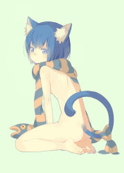 Rule 34 | 1girl, animal ears, ass, back, barefoot, blue eyes, blue hair, cat ears, cat tail, from side, full body, gin (oyoyo), green background, matching hair/eyes, naked scarf, nude, original, scarf, short hair, simple background, sitting, solo, striped clothes, striped scarf, tail