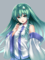 Rule 34 | 1girl, bare shoulders, detached sleeves, female focus, frog hair ornament, green eyes, green hair, hair ornament, japanese clothes, kochiya sanae, long hair, looking at viewer, matching hair/eyes, open mouth, simple background, snake, solo, takemori shintarou, touhou