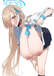 Rule 34 | 1girl, absurdres, asuna (blue archive), blonde hair, blue archive, blue eyes, breasts, choker, grin, hair over one eye, halo, hanging breasts, highres, huge breasts, long hair, open clothes, pleated skirt, ricochet-gou, school uniform, simple background, skirt, smile, white background