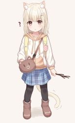 Rule 34 | 1girl, ?, absurdres, animal ear fluff, animal ears, backpack, bag, blonde hair, blush, boots, brown eyes, cat ears, cat girl, cat tail, child, crime prevention buzzer, gachigachi, hair ornament, hairclip, highres, hood, hoodie, looking at viewer, medium hair, original, pantyhose, parfait (gachigachi), parted lips, plaid, plaid skirt, school bag, shoulder bag, simple background, skirt, solo, tail, twig