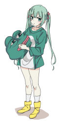 Rule 34 | 1girl, animal costume, boots, boy&#039;s club, commentary, cosplay, frog costume, frown, girls&#039; frontline, green eyes, green hair, hair ribbon, holding headgear, kigurumi, korean commentary, long hair, looking at viewer, mascot head, micro uzi (girls&#039; frontline), pepe the frog, red ribbon, ribbon, sidarim, simple background, socks, solo, standing, tears, twintails, very long hair, white background, white socks, yellow footwear