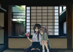 Rule 34 | 10s, 2girls, ahoge, annin musou, architecture, bad id, bad pixiv id, black hair, book, bow, brown hair, commentary, east asian architecture, green kimono, grey eyes, hair between eyes, hair bow, hair over shoulder, hair ribbon, hairband, hakama, hakama skirt, head on another&#039;s shoulder, holding, holding book, japanese clothes, kantai collection, kimono, knees up, long sleeves, multiple girls, on floor, open door, parted bangs, ponytail, ribbon, shouhou (kancolle), sidelocks, sitting, skirt, sleeping, sliding doors, socks, thighhighs, white kimono, wide sleeves, zettai ryouiki, zuihou (kancolle)