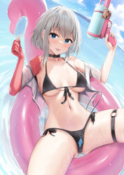 Rule 34 | 1girl, :p, bikini, black bikini, black collar, blue eyes, blue sky, breasts, character request, cloud, collar, collarbone, colored skin, commentary, copyright request, day, english commentary, food, gradient skin, grey hair, highres, holding, holding water gun, long hair, looking at viewer, medium breasts, navel, o-ring, ocean, popsicle, red skin, short hair, signature, skai kun, sky, solo, swimsuit, tail, thigh strap, tongue, tongue out, twitter username, virtual youtuber, water gun, wet