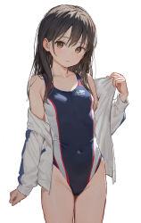 Rule 34 | 1girl, akipeko, blush, brown eyes, brown hair, competition swimsuit, covered navel, cowboy shot, highres, jacket, long hair, looking at viewer, off shoulder, one-piece swimsuit, open clothes, open jacket, original, paid reward available, parted lips, simple background, solo, swimsuit, track jacket, white background