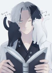 Rule 34 | 1boy, absurdres, animal, animal on shoulder, black cat, black hair, black kimono, book, cat, cat on shoulder, collarbone, haori, highres, holding, holding book, jacket, japanese clothes, kimono, looking at viewer, male focus, multicolored hair, one eye closed, open book, original, simple background, slit pupils, solo, straight-on, tsuki mitsu, two-tone hair, upper body, white background, white cat, white hair, white jacket