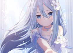 Rule 34 | bare shoulders, blue eyes, blue hair, breasts, closed mouth, copyright request, earrings, eyebrows, flower, hair between eyes, hair flower, hair ornament, highres, jewelry, jimmy madomagi, long hair, looking at viewer, project sekai, short sleeves, small breasts, solo, yoisaki kanade