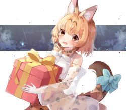 Rule 34 | 1girl, animal ears, bare shoulders, blonde hair, blush, bow, bowtie, commentary request, elbow gloves, fang, gift, gloves, high-waist skirt, highres, kemono friends, open mouth, print bow, print bowtie, print gloves, print neckwear, print skirt, rain, serval (kemono friends), serval print, serval tail, shirt, short hair, skirt, sleeveless, solo, tail, tail bow, tail ornament, traditional bowtie, unwoo770122, upper body, white shirt, yellow eyes