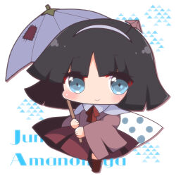 Rule 34 | 1other, amanomiya jun, androgynous, black hair, blue eyes, blunt bangs, blunt ends, boots, bow, bowtie, cape, character name, chibi, closed mouth, clothes lift, collared cape, commentary request, eyelashes, hairband, hakama, hakama skirt, highres, holding, holding umbrella, japanese clothes, len&#039;en, light blush, long sleeves, looking at viewer, ougi hina, patch, pink shirt, polka dot cape, purple umbrella, red bow, red bowtie, red footwear, red hakama, red skirt, rubber boots, shirt, short hair, skirt, skirt lift, smile, solo, triangle background, umbrella, umbrella hair ornament, white background, white cape, white hairband, wide sleeves