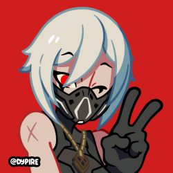 Rule 34 | 1girl, black gloves, dypire, fortnite, gloves, grin, highres, hush (fortnite), jewelry, looking at viewer, mask, mouth mask, necklace, one eye closed, red background, red eyes, short hair, simple background, smile, solo, v, vest, white hair