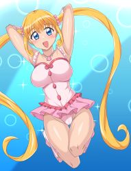 Rule 34 | 1girl, armpits, arms behind head, blonde hair, blue eyes, breasts, highres, large breasts, leotard, leotard peek, mermaid melody pichi pichi pitch, nanami lucia, open mouth, pink leotard, smile