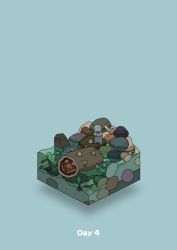 Rule 34 | blue background, boulder, commentary request, crab, diorama, fish, flotsam, gozz, highres, holding, holding shell, isometric, original, plant, rock, shell, standing, wood