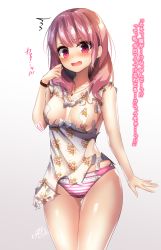 Rule 34 | 1girl, bad id, bad pixiv id, bang dream!, bare arms, bare shoulders, blush, bow, breasts, collarbone, commentary request, dress, floral print, hair between eyes, highres, jewelry, large breasts, long hair, looking down, maruyama aya, necklace, open mouth, panties, pink eyes, pink hair, pink panties, ramchi, smile, solo, thighs, torn clothes, translation request, underwear, white bow