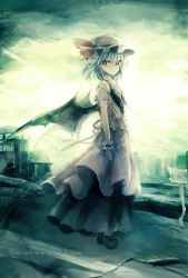 Rule 34 | 1girl, backlighting, bare shoulders, bat wings, black footwear, blue hair, building, check translation, dress, full body, hat, hat ribbon, looking at viewer, mob cap, nazuka (mikkamisaki), off shoulder, outdoors, pink dress, red eyes, remilia scarlet, ribbon, romanian text, shoes, short hair, short sleeves, skirt, skirt set, solo, touhou, translated, translation request, wings, wrist cuffs