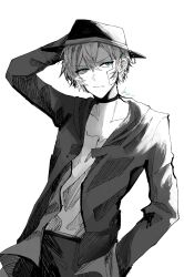 Rule 34 | 1boy, arm behind head, arm up, bandage on face, bandages, blue eyes, bungou stray dogs, choker, closed mouth, cowboy shot, greyscale, hand in pocket, hat, highres, jacket, lie nnn, male focus, monochrome, nakahara chuuya, pants, shirt, short hair, simple background, solo, spot color, standing