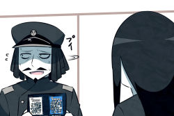 Rule 34 | 10s, 1boy, 1girl, abyssal admiral (kancolle), abyssal ship, admiral (kancolle), admiral suwabe, black hair, black hat, book, comic, dreadlocks, epaulettes, facial hair, flying sweatdrops, goatee, hat, holding, holding book, k-suwabe, kantai collection, long hair, looking away, manga (object), military, military hat, military uniform, mustache, open mouth, peaked cap, ru-class battleship, shaded face, sweatdrop, translation request, turning head, uniform