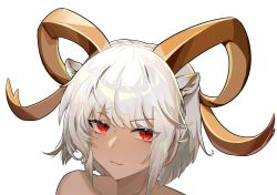 Rule 34 | 1girl, :3, animal ears, arknights, bare shoulders, carnelian (arknights), commentary, dark-skinned female, dark skin, highres, horns, looking at viewer, red eyes, shenhaijiaolonglaohuadeng, short hair, simple background, solo, symbol-only commentary, white background, white hair