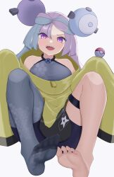 Rule 34 | 1girl, :d, barefoot, black shorts, character hair ornament, commentary request, creatures (company), feet, game freak, green hair, grey shirt, hair ornament, highres, iono (pokemon), jacket, long hair, looking at viewer, multicolored hair, nintendo, on ura358, open mouth, poke ball, poke ball (basic), pokemon, pokemon sv, purple eyes, purple hair, sharp teeth, shirt, shorts, single leg pantyhose, sleeveless, sleeveless shirt, smile, soles, solo, teeth, thigh strap, toes, tongue, two-tone hair, upper teeth only, yellow jacket