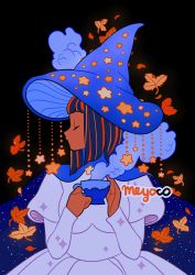 Rule 34 | 1girl, artist name, bad id, bad twitter id, black background, blue hat, cape, closed eyes, cup, dark-skinned female, dark skin, dress, female focus, hands up, hat, holding, holding cup, juliet sleeves, leaf, long sleeves, meyoco, mushroom hat, original, profile, puffy sleeves, simple background, solo, star (symbol), steam, white dress, witch hat