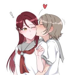 ! 2girls absurdres blush brown_eyes brown_hair heart highres jorpxn kiss kiss_day long_hair looking_at_another love_live! love_live!_sunshine!! multiple_girls one_eye_closed red_hair sakurauchi_riko school_uniform short_hair simple_background watanabe_you white_background yuri