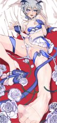 Rule 34 | 1girl, anastasia (idolmaster), belt, blue eyes, blush, bow, braid, breasts, bridal gauntlets, choker, clothes down, commentary request, crop top, demon horns, demon tail, demon wings, earrings, eyelashes, fake horns, fake tail, fake wings, feet, flower, foreshortening, hairband, high heels, highres, horns, houen, idolmaster, idolmaster cinderella girls, jewelry, leotard, looking at viewer, lying, navel, open mouth, panties, petals, rose, see-through, shoes, short hair, side-tie panties, silver hair, single shoe, skirt, small breasts, solo, tail, tail bow, tail ornament, thighhighs, toes, tongue, tongue out, underwear, undressing, untied panties, unzipped, v, white flower, white rose, wings