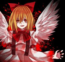 Rule 34 | 1girl, angel wings, black background, blonde hair, blood, blood on clothes, bow, brown vest, dress, feathered wings, fuwafurin, gengetsu (touhou), lotus land story, red bow, red eyes, red nails, short hair, simple background, sketch, smile, touhou, touhou (pc-98), vest, white dress, white wings, wings