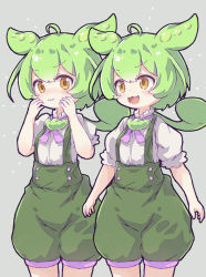 Rule 34 | 2girls, ahoge, blush, clone, commentary request, edamame, green hair, green suspenders, hands on own face, highres, kolshica, looking at another, multiple girls, open mouth, orange eyes, ponytail, puffy short sleeves, puffy sleeves, ribbon, shirt, short sleeves, shorts, suspender shorts, suspenders, voicevox, white shirt, zundamon