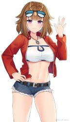 Rule 34 | 1girl, absurdres, bandeau, belt, black belt, blush, breasts, brown hair, cleavage, commentary, commission, cosplay, cowboy shot, cutoffs, denim, denim shorts, english commentary, eyewear on head, fate/apocrypha, fate (series), girls&#039; frontline, grizzly mkv (girls&#039; frontline), hair intakes, hand on own hip, hand up, highres, jacket, jewelry, large breasts, long sleeves, looking at viewer, micro shorts, midriff, mordred (fate), mordred (fate) (cosplay), mordred (fate/apocrypha), mordred (memories at trifas) (fate), navel, necklace, open clothes, open jacket, purple eyes, red jacket, rynzfrancis, short hair, shorts, simple background, smile, solo, standing, stomach, strapless, sunglasses, thighs, tube top, white background