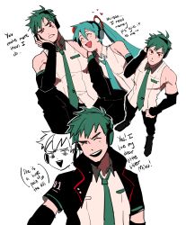 Rule 34 | 1boy, 1girl, anger vein, bad id, bad twitter id, black gloves, brother and sister, elbow gloves, english text, false smile, gloves, green hair, hatsune miku, hatsune miku (vocaloid4), hatsune mikuo, headphones, heart, highres, jacket, kendy (revolocities), long hair, necktie, red eyes, short hair, siblings, simple background, sleeveless, smile, twintails, v4x, very long hair, vocaloid, white background