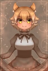 Rule 34 | 1girl, coyote (kemono friends), dress, highres, hikarikmy, kemono friends, kemono friends v project, looking at viewer, short hair, simple background, solo, virtual youtuber, yellow eyes