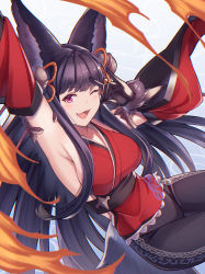 Rule 34 | 1girl, animal ears, backless outfit, bell, detached sleeves, erune, fang, fox ears, fox shadow puppet, fox tail, fur, fur trim, granblue fantasy, hair bell, hair ornament, highres, japanese clothes, jingle bell, kimono, red eyes, red kimono, solo, tail, umiboozu (uminoyoukai), yuel (granblue fantasy)