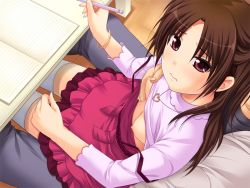 Rule 34 | 10s, 1boy, 1girl, 3:, blush, bracelet, breasts, brown hair, clothes lift, faceless, faceless male, from above, game cg, grabbing, grabbing another&#039;s breast, jewelry, long hair, long sleeves, looking at viewer, nipples, no bra, nonohara miki, outdoors, pen, pov, saginomiya rin, shirt lift, shoukoujo, simple background, sitting, small breasts, solo focus, thighhighs, white thighhighs