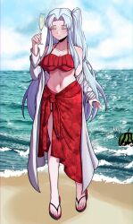 Rule 34 | 1boy, 1girl, absurdres, alcohol, alternate costume, angela (project moon), beach, bikini, blue hair, breasts, champagne, cleavage, closed eyes, cup, drinking glass, frilled bikini, frills, highres, jjong (7 jjong 9), lab coat, light blue hair, long hair, long sleeves, navel, ocean, ponytail, project moon, red bikini, roland (project moon), sand, sandals, side ponytail, swimsuit, wine glass