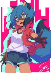 Rule 34 | 1girl, animal ears, blue eyes, blue hair, blue shorts, body fur, brand new animal, furry, furry female, highres, jacket, kagemori michiru, open mouth, outstretched arm, outstretched hand, raccoon ears, raccoon girl, raccoon tail, red jacket, sen miyagawa, shirt, short hair, short shorts, shorts, smile, solo, tail, track jacket, white shirt