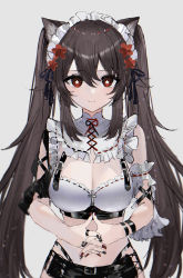 Rule 34 | 1girl, alternate breast size, animal ear fluff, animal ears, arm garter, belt, black ribbon, breasts, brown hair, cat ears, chest strap, cleavage, cowboy shot, crop top, cross, flower, flower-shaped pupils, frilled shirt, frills, genshin impact, grey background, hair between eyes, hair flower, hair ornament, hair ribbon, highres, hu tao (genshin impact), interlocked fingers, large breasts, light blush, long hair, looking at viewer, maid, maid headdress, multicolored nails, nail polish, raiya atelier, red eyes, red flower, ribbon, shirt, short shorts, shorts, sidelocks, simple background, smile, solo, symbol-shaped pupils, turtleneck, twintails, very long hair, wristband