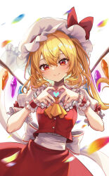 Rule 34 | 1girl, ascot, blonde hair, blush, buttons, closed mouth, collared shirt, crystal, fingernails, flandre scarlet, frilled shirt collar, frills, fujiwara aoi, hair between eyes, hat, highres, long hair, looking at viewer, mob cap, nail polish, one side up, red eyes, red nails, red skirt, red vest, shirt, short sleeves, skirt, smile, solo, touhou, twitter username, vest, white hat, white shirt, wings, wrist cuffs, yellow ascot