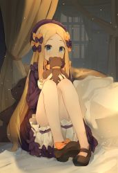 Rule 34 | 1girl, abigail williams (fate), absurdres, bed sheet, black bow, black dress, black footwear, black hat, blonde hair, bloomers, blue eyes, blush, bow, bug, butterfly, coria, covered mouth, curtains, dress, fate/grand order, fate (series), forehead, full body, hair bow, hands up, hat, highres, holding, holding stuffed toy, insect, knees up, long hair, long sleeves, looking at viewer, multiple hair bows, orange bow, parted bangs, polka dot, polka dot bow, shoes, sleeves past wrists, solo, stuffed animal, stuffed toy, teddy bear, underwear, very long hair, white bloomers