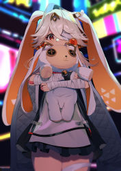 Rule 34 | 1girl, absurdres, animal hood, bandaged arm, bandages, blurry, blurry background, cape, crossed bangs, dress, earrings, eyepatch, hair ornament, highres, holding, holding toy, hood, hood up, ibaraki shun, jewelry, looking at viewer, rabbit hood, red eyes, ruby (tower of fantasy), solo, standing, tower of fantasy, toy