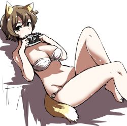 Rule 34 | 1girl, animal ears, bikini, blush, breasts, brown eyes, brown hair, camera, cleavage, katou keiko, large breasts, mozu (peth), o-ring, o-ring bikini, short hair, smile, solo, strike witches, swimsuit, tail, witches of africa, world witches series