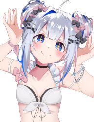 Rule 34 | + +, 1girl, ahoge, amane kanata, amane kanata (7th costume), black choker, blue eyes, blue hair, blush, bracelet, breasts, chikuwa, chikuwa (mi), choker, closed mouth, collarbone, colored inner hair, commentary, double bun, food, grey hair, hair bun, hair ornament, hair ribbon, hairclip, halterneck, hands up, highres, hololive, jewelry, looking at viewer, multicolored hair, official alternate costume, pink hair, ribbon, sidelocks, simple background, small breasts, smile, solo, swimsuit, upper body, virtual youtuber, white background, x hair ornament