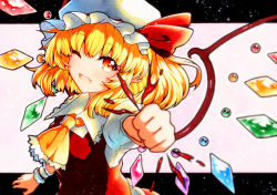 Rule 34 | 1girl, ascot, blonde hair, bow, crystal, fang, female focus, flandre scarlet, frilled shirt, frilled shirt collar, frilled sleeves, frills, hat, hat ribbon, highres, medium hair, mob cap, one side up, open mouth, puffy short sleeves, puffy sleeves, qqqrinkappp, red bow, red eyes, red ribbon, red skirt, red vest, ribbon, shirt, short sleeves, skirt, solo, touhou, traditional media, vest, white shirt, wings