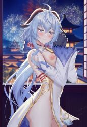 Rule 34 | 1girl, absurdres, ahoge, architecture, artist name, bare shoulders, bell, blue gloves, blue hair, blush, breasts, covered navel, cowboy shot, dated, detached sleeves, east asian architecture, fireworks, from side, ganyu (genshin impact), genshin impact, gloves, gold trim, half-closed eyes, highres, horns, light smile, long hair, looking at viewer, low ponytail, medium breasts, multicolored eyes, neck bell, night, nipples, own hands together, purple eyes, sidelocks, solo, standing, suzhi2333, thighs, white sleeves