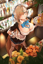 Rule 34 | 1girl, absurdres, alcohol, apron, asuna (blue archive), bar (place), black dress, blue archive, blue bow, blue eyes, blue ribbon, bottle, bow, breasts, cleavage, cocktail, cocktail glass, cup, dress, drinking glass, flower, food, fruit, fruit bowl, gloves, grin, highres, holding, holding tray, indoors, jhigf, large breasts, light brown hair, long hair, looking at viewer, maid, maid apron, maid headdress, mole, mole on breast, ribbon, smile, solo, teeth, thighhighs, tray, very long hair, white gloves, white thighhighs